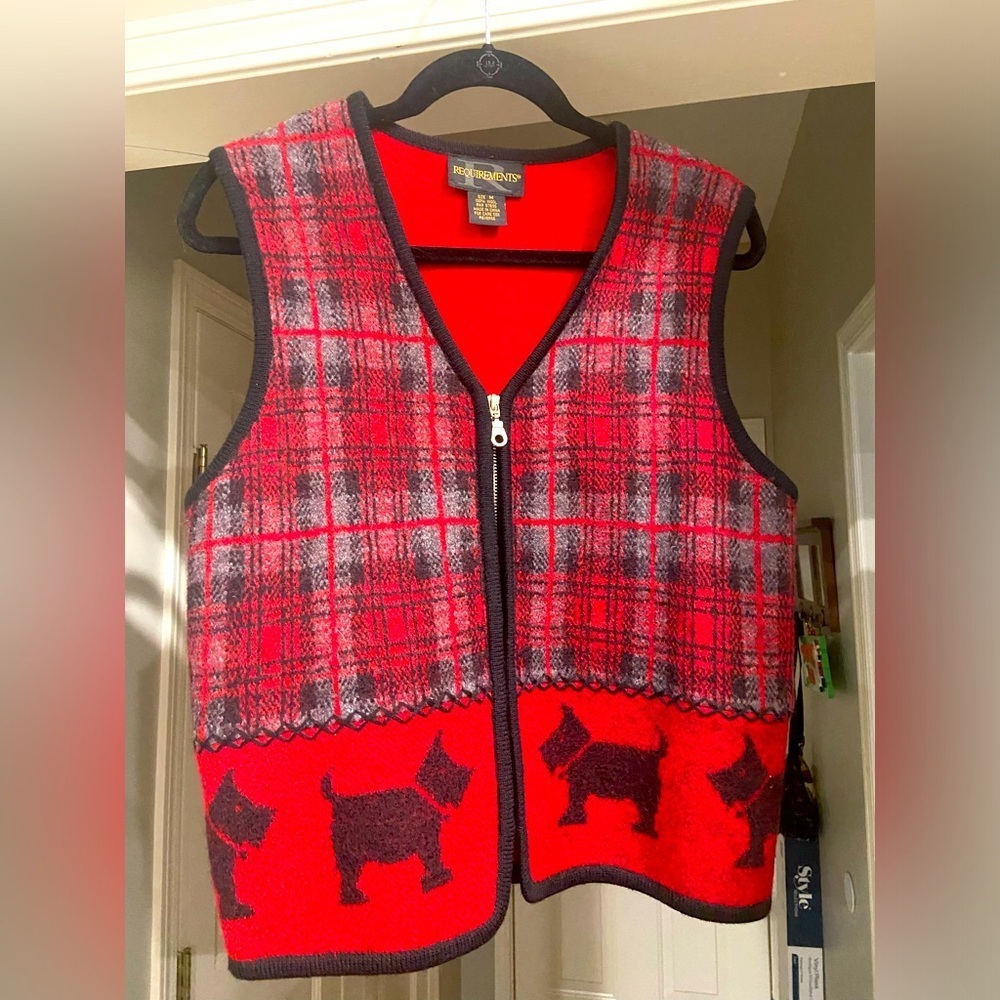 Vintage 90s Streetwear Womens Size Med Wool Scottish Terrier Dog Full Zip Vest